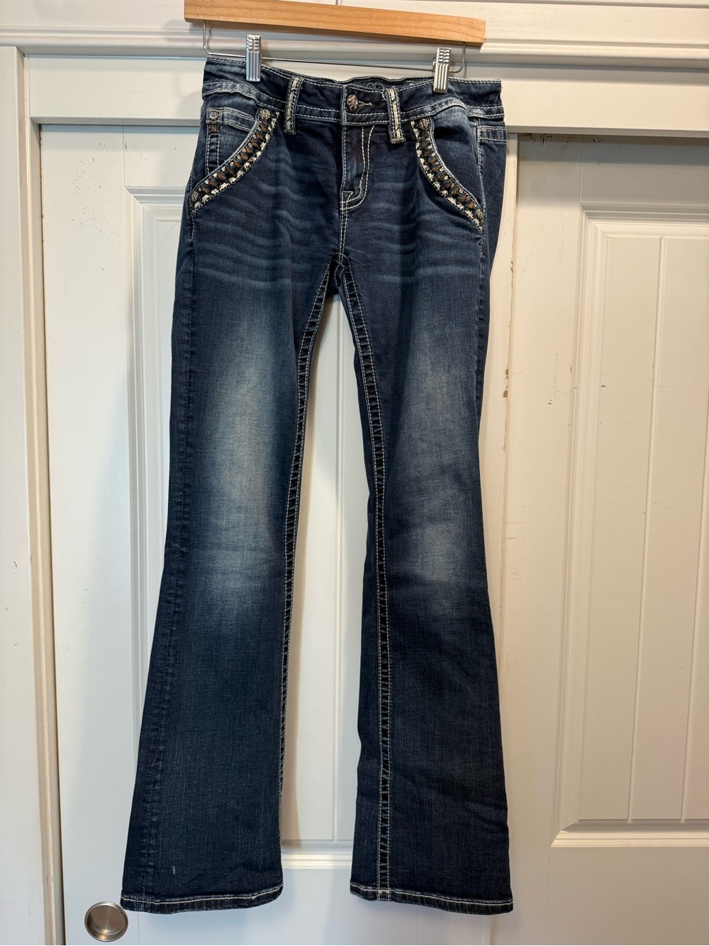 Miss Me Dark Blue Bootcut Jeans with Embellished Pockets